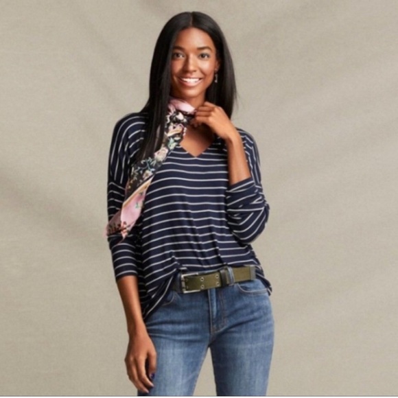 CAbi Tops - Cabi Ahoy Tee Navy & White Striped V Neck Long Sleeve Casual Nautical Top - S